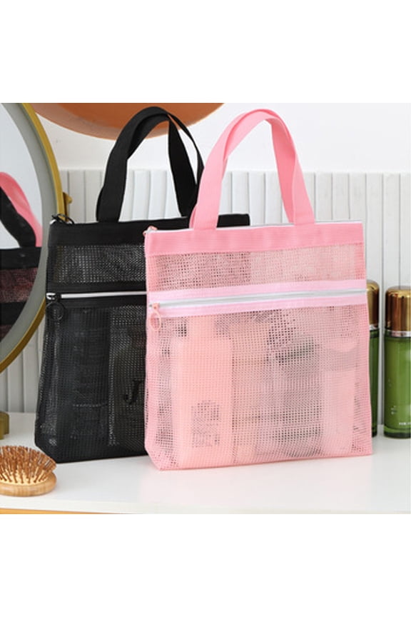 Pink Mesh Beach Bag Tote | Zipper Closure | Lightweight Polyester | Sand-Proof, Washable, Foldable | 26x24x6cm Travel, Pool, Swim, Tote Storage Organizer