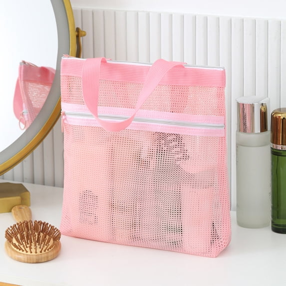 Pink Mesh Beach Bag Tote | Zipper Closure | Lightweight Polyester | Sand-Proof, Washable, Foldable | 26x24x6cm Travel, Pool, Swim, Tote Storage Organizer