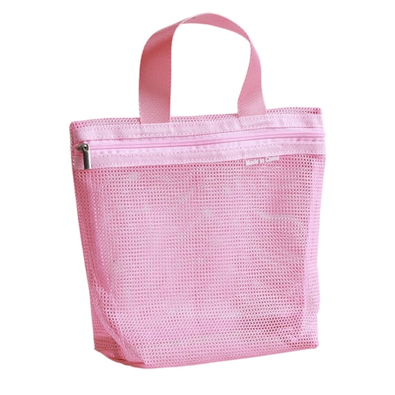 Pink Mesh Handheld Tote Bag, Portable Zippered Mesh Storage Pouch for Bathroom Shower Beach Travel Toiletry