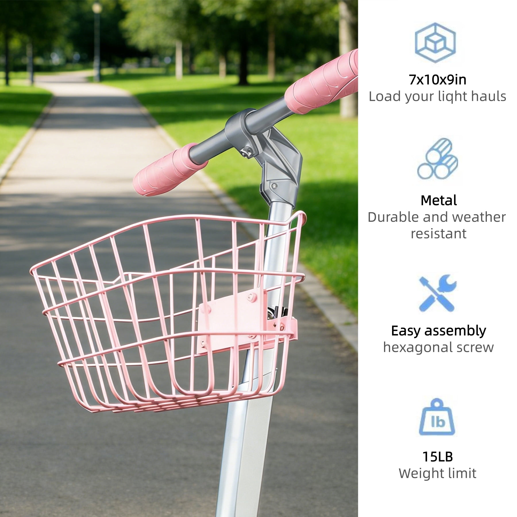 Pink Metal Anti-Sag Front Bicycle Basket for Scooters
