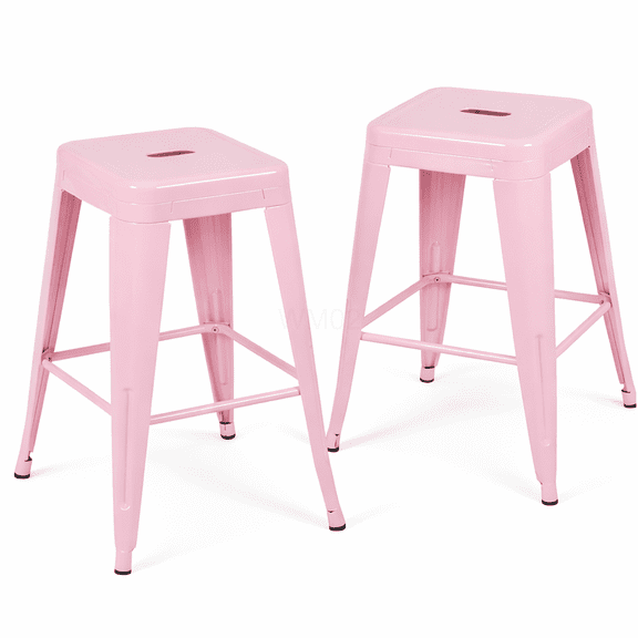 Pink Metal Bar Stools Set of 2, 24 Inch Counter Height Backless Stools for Kitchen Island, Easy Assembly Space Saving Barstools
