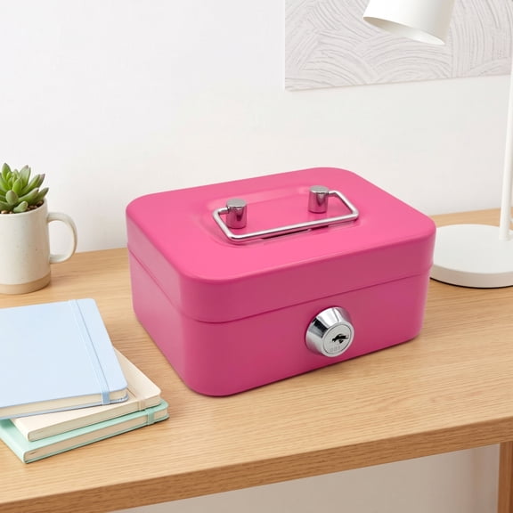 Pink Metal Cash Box, Small Lockable Money Safe with Handle, Cute Desktop Storage Organizer