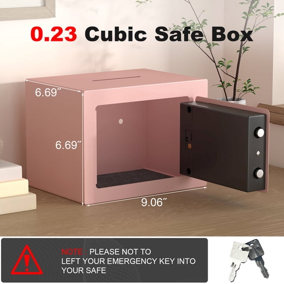 Pink Metal Small Safe for Home Office - 0.23 Cubic Feet Mini Security Safe with Key and Password, Wall Mountable Storage Cabinet for Money, Documents, and Valuables