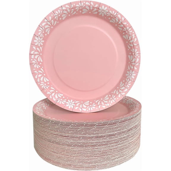 Pink Mexican Fiesta Paper Plates 100pcs (2x50), 9-Inch Disposable Party Plates, Cinco de Mayo Decorations, Cielito Lindo Party Decor, Boho Pink Plates for Birthday, Baby Shower, Wedding(Pink, 100pcs)