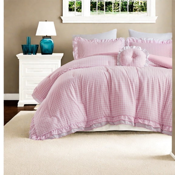 Pink Microfiber Bedding Sets Romantic DualRuffle Design Full/Queen Size with Gingham Accent Pillow