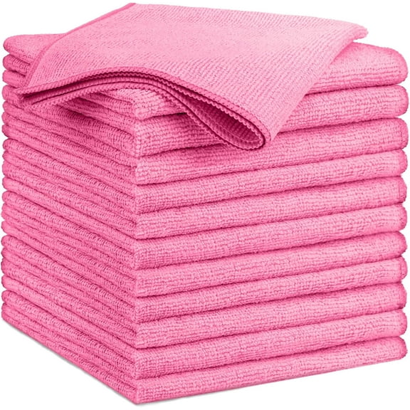 Pink Microfiber Cleaning Cloth,12PK Reusable Cleaning Rags, Highly Absorbent Shop Rags Bulk, All-Purpose Car Cleaning Towels for TV Screen, Kitchen, Bathroom, Restaurant Garage, 14"X12"