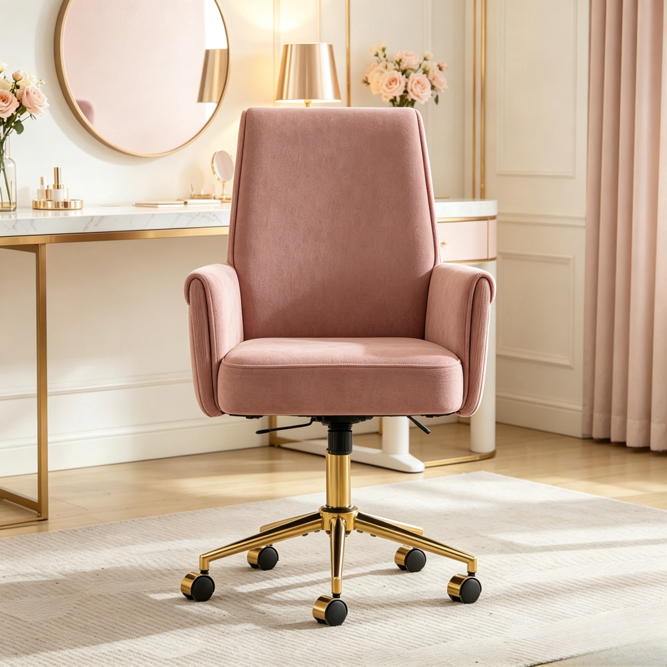 Pink Mid-Back Ergonomic Office Chair, Height Adjustable Striped Fabric ...