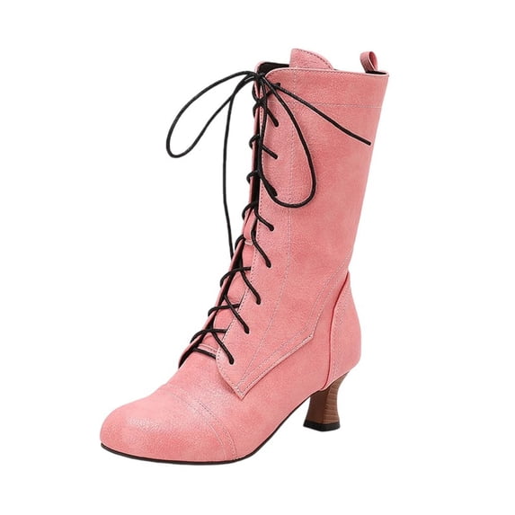 Pink Mid-Calf Boots With Lace-Up And Round Toe Flat Design For Women Winter Casual Fashion Pu Leather Comfort Fit