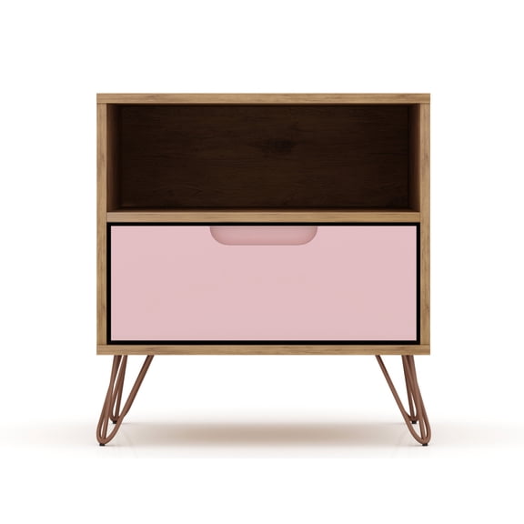 Pink Mid-Century Modern MDF Nightstand, 1 Drawer + Open Shelf with 2 Style Handle Options, Metal Wire Legs