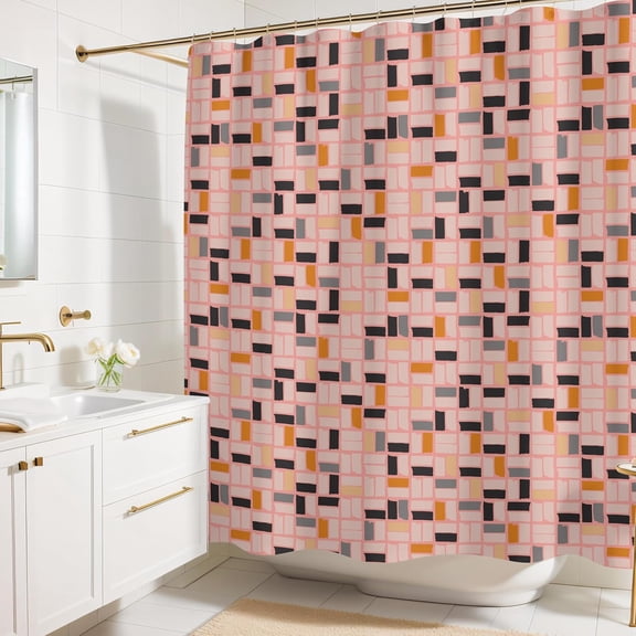 Pink MidMod Shower Curtain \u2013 72x72 Mid Century Modern Bathroom Curtain with Abstract Square Pattern, Retro Colorful Fabric Design for Apartments, Guest Baths, or Dorms