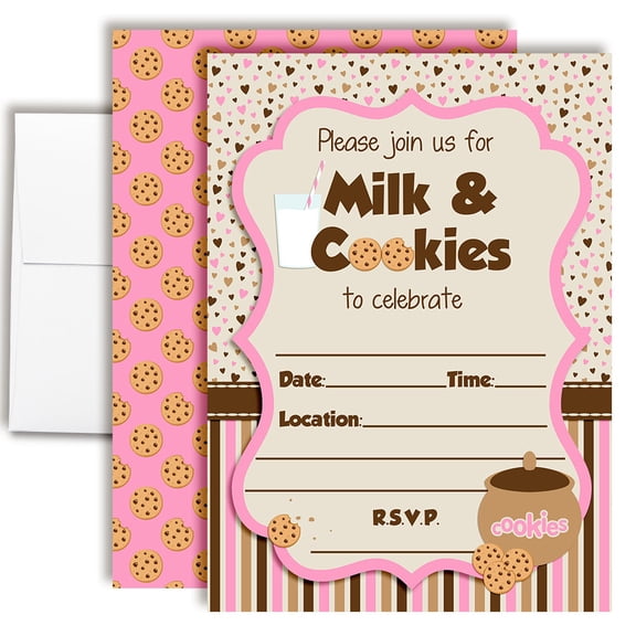 Pink Milk & Cookies Birthday Invitations for Kids, 20 Fill-In Cards with Envelopes, 5x7 Children's Birthday Party Invitations, Birthday Party Supplies, Made in USA by Amanda Creation