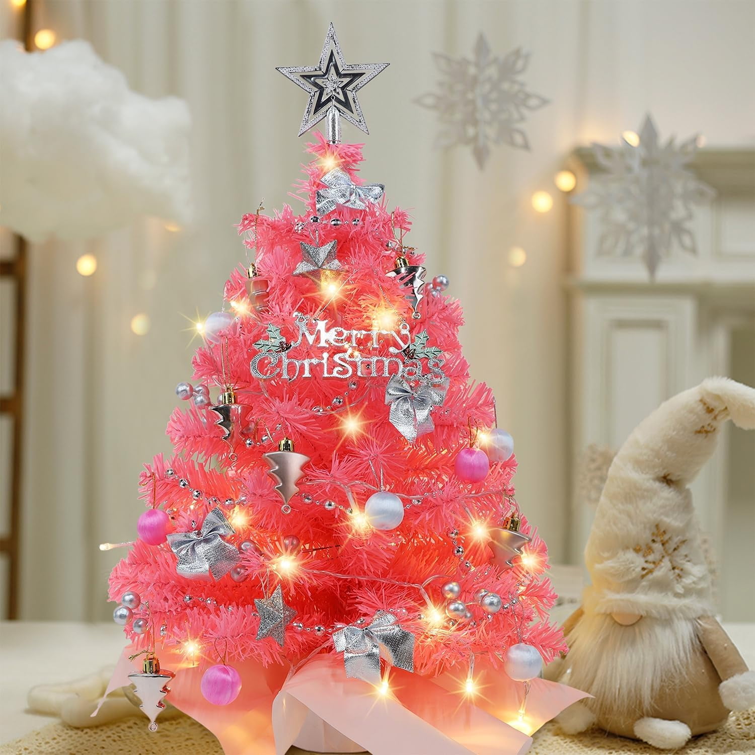 Pink Mini Christmas Tree, 24 Inch/2 FT Lighted Tabletop Artificial Xmas