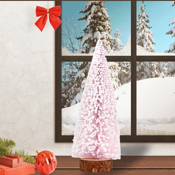 Pink Mini Christmas Trees with Wooden Base Mini Artificial Christmas Tree for Tabletop, Bottle Brush Christmas Trees Flocked Christmas Pine Tree Winter Crafts Ornaments for New Year Party Home