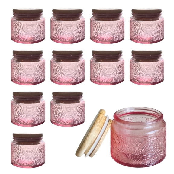 LINGSHINE 4 oz Pink Mini Glass Jars with Airtight Bamboo Lids, Sunflower Embossed, 12 Count, Food Storage, Candle Making, Home Decor, Favors Gift