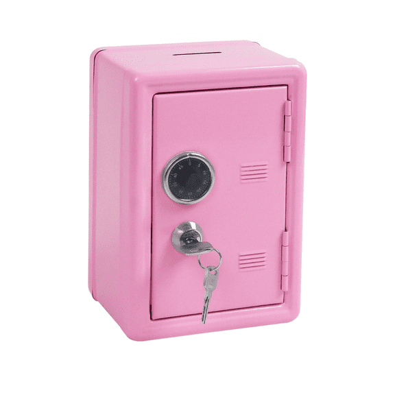 Pink Mini Kids Safe Box with Coin Slot, Combination Lock & Key, Mini Locker for Saving Money