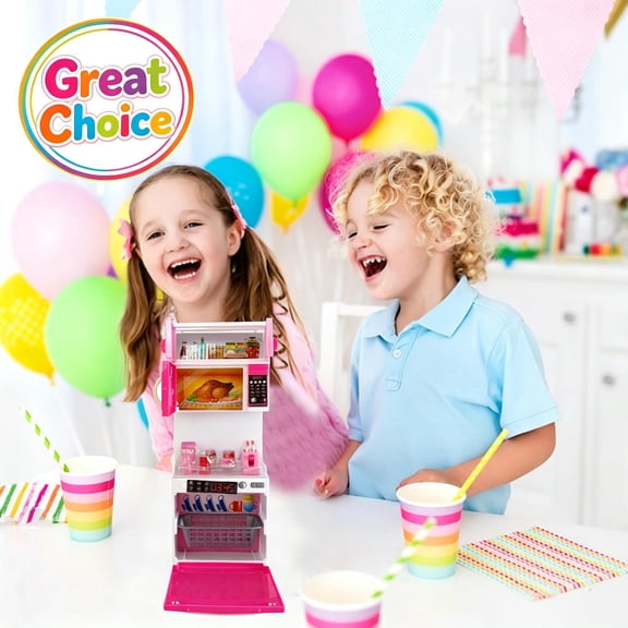 Pink Mini Vertical Kids Pretend Play Kitchen Playset, Compact Multi-Tier Toy Oven Refrigerator Combo, Chef Cooking Role Play Educational Toy, Birthday Holiday Gift for Toddler Boys Girls Ages 2+
