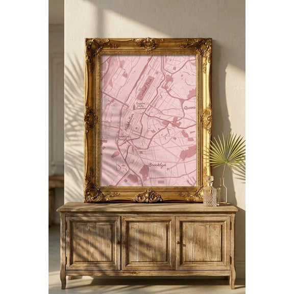 Pink Minimal Nyc Map: Manhattan Brooklyn Queens, Unframed Paper Print