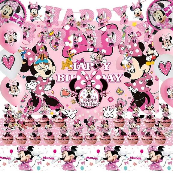 Pink Minnie Birthday Party Supplies, Pink Minnie Birthday Party Decorations Include Banner, Background ,Hanging Swirls, Balloons, Cake Toppers, Tablecloth