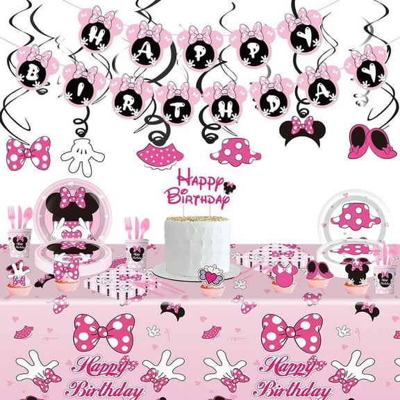 Pink Minnie Birthday Party Tableware Set Cute Pink Mouse Theme Party Decoration Supplies Include Banner,Hanging Swirls Decorations,Dinner Plates,Cups,Napkins, Cutlery