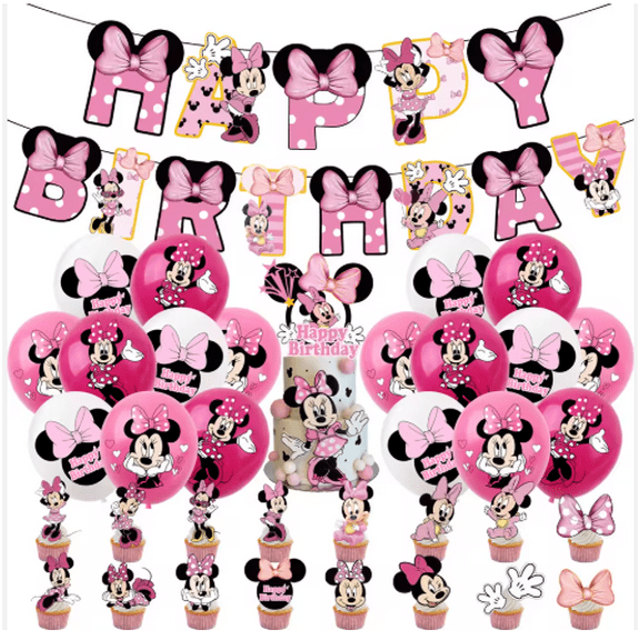 Pink Minnie Mouse Happy Birthday Party Decoration Set Includes Balloons, Banner, Cake Topper and Cupcake Topper
