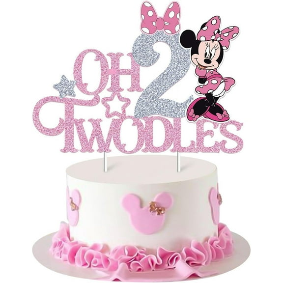Pink Minnie Oh Twodles Cake Topper for Girls, Pink Glitter Mouse Second 2nd Birthday Cake Topper with Pink Bows for Girls Birthday Party Decorations Supplies