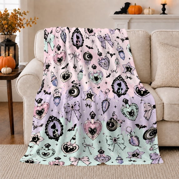 Pink Mint And Lavender Charm, Gothic Pastel Illustration Style for Cat Lovers And Gothic Decor Fans, Housewarming Gift with Cozy Flannel Blanket, Home Decor for Bedroom And Living Room And