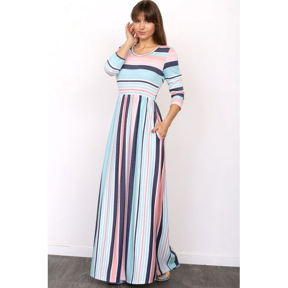 Pink & Mint Stripe 3/4 Sleeve Maxi Dress_Plus
