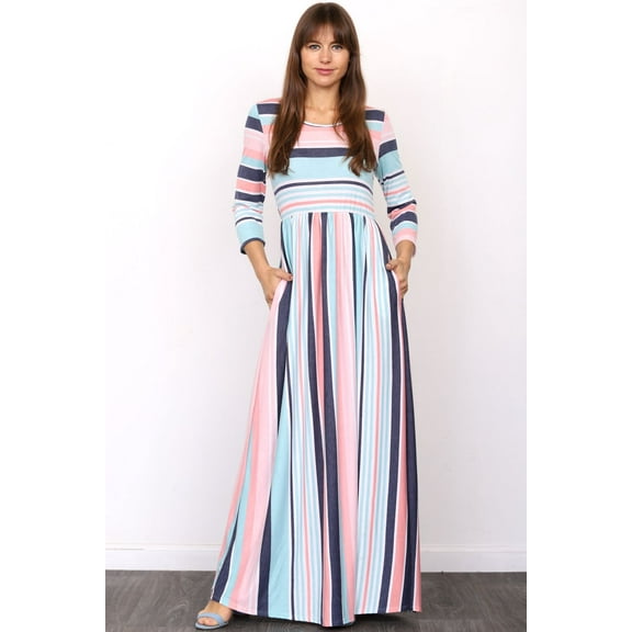 Pink & Mint Stripe 3/4 Sleeve Maxi Dress