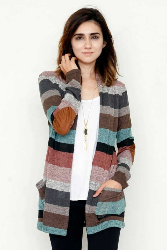 Pink & Mint Stripe Cardigan with Elbow Patch