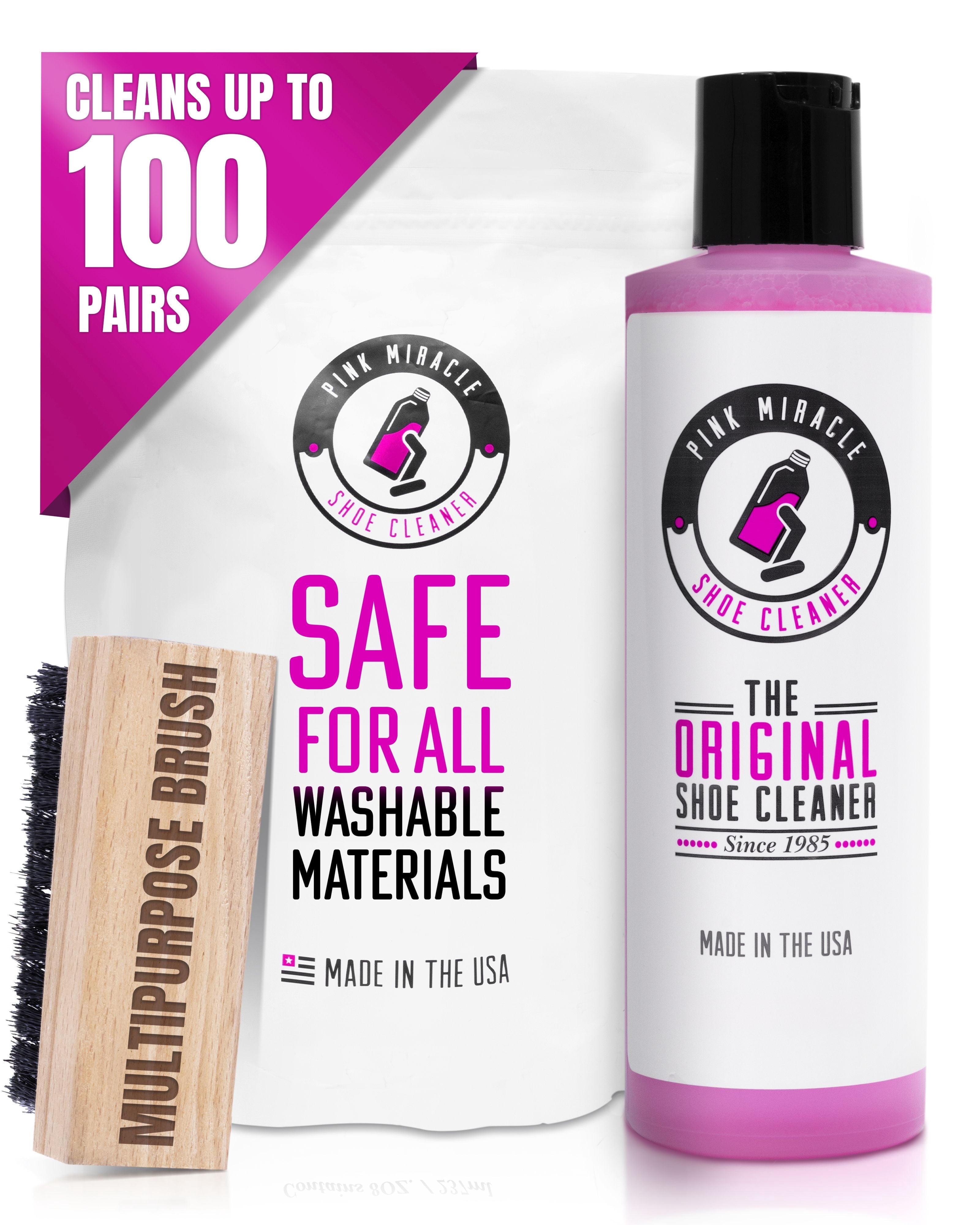 Pink Miracle Shoe Cleaner Kit with Brush - 8 OZ. Fabric Cleaner for Leather, Suede, Nubuck and White Sneakers