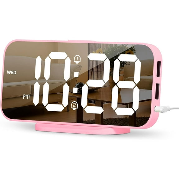 Pink Mirror Digital Alarm Clock for Girls & Teens, Dual Alarms, Snooze, Adjustable Brightness, 2 USB Ports, Weekday Display, Cute Bedside Kids, Bedroom, Desk, Dorm, Gift Idea