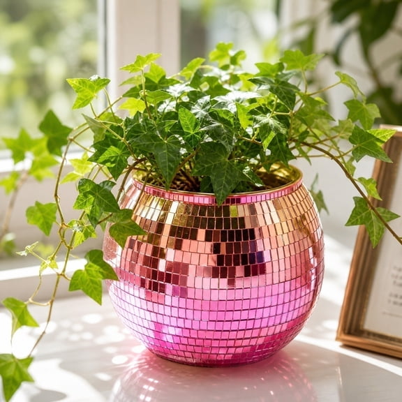 Pink Mirrored Disco Ball Planter Pot, Sparkling Gradient Mirror Tile Flower Container for Indoor Home Decor & Storage