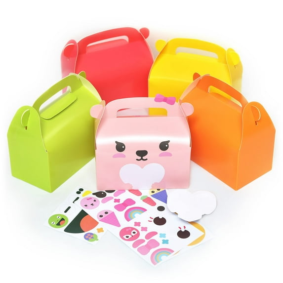 Pink Mix Color Gable Favor Box with DIY Fun Creative Adorable Animal Stickers: 5 Pack, Great for Gifts, Lunch, Party Favors, Goodies, Activities, Tchotchkes & Treats