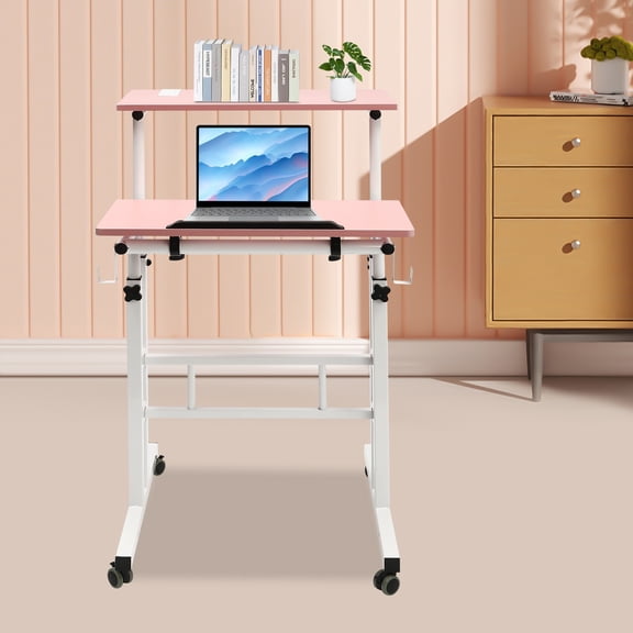 Pink Mobile Standing Desk on Wheels, Height Adjustable Sit Stand Desk with 180 Tiltable Dual Desktop, Rolling Laptop Cart with Brake Casters for Home Office
