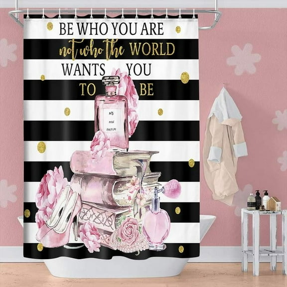 Pink Modern Shower Curtain for Fashion Girls, Black White Striped Shower Curtain Set for Bathroom, Aesthetic Fabric Shower Curtain Restroom Bathtub Decor Accessories with Hooks 72X 72 inch