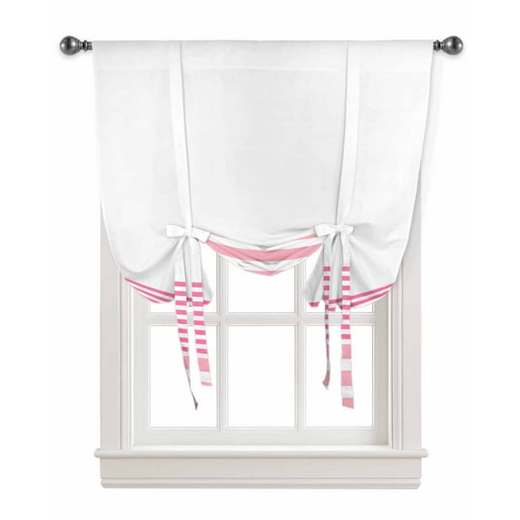 Pink Modern Stripes Tie Up Curtains for Window, Country Chic White Stiped Geometric Lines Thermal Insulted Balloon Shade Adjustable Rod Pocket Curtains Valance for Kitchen Bathroom Café 52 x 63
