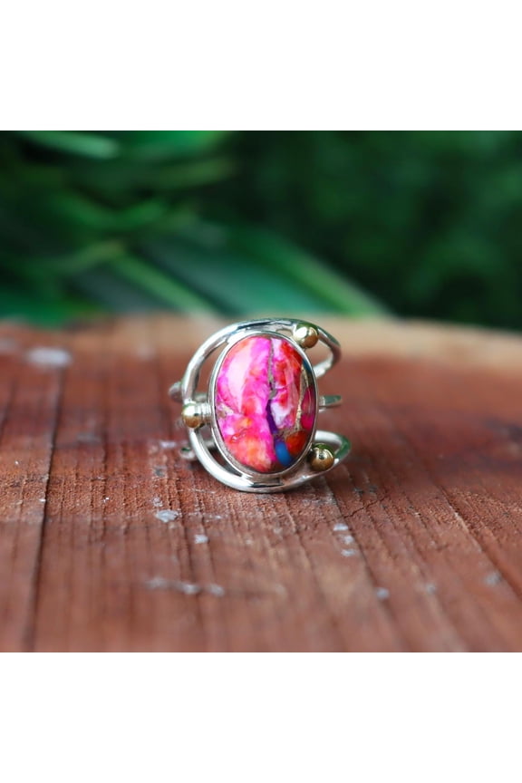Pink Mohave Copper Turquoise Ring, 925 Sterling Silver, Statement Ring, Handmade Boho Jewelry, Dainty Ring, Wire Band Ring, Women's Ring***