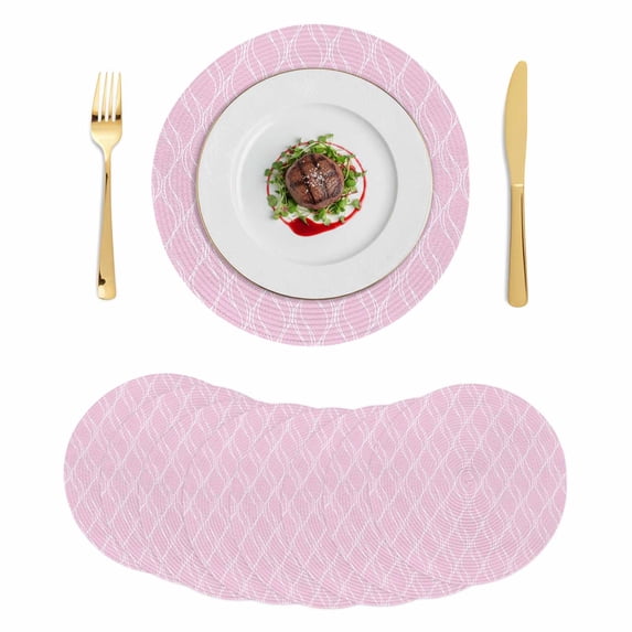 Pink Moire Waves Round 13 Inch Placemats Set of 8, Modern Abstract Art Geometric HeatResistant Non Slip Place Mats for Dining Table, Wipeable Braided Kitchen Table Mats for Housewarming