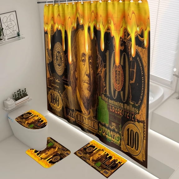 Pink Money Bathroom Set 4 Pieces Shower Curtains for Bathroom Set for Girls 100 Dollar Bills Shower Curtain Set with Rugs Modern Bath Decor Washable Cash Money Bath Rugs Non Slip Toliet Cover