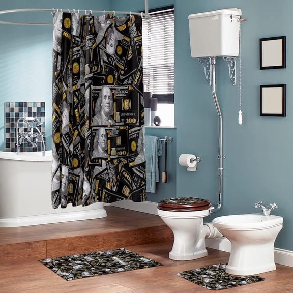 Pink Money Bathroom Set 4 Pieces Shower Curtains for Bathroom Set for Girls 100 Dollar Bills Shower Curtain Set with Rugs Modern Bath Decor Washable Cash Money Bath Rugs Non Slip Toliet Cover