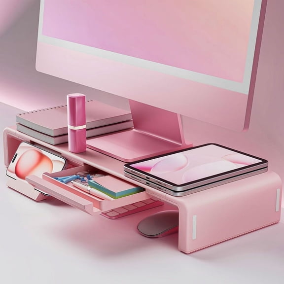 Pink Monitor Stand Riser, Foldable, Height Adjustable Computer Stand, Desk Shelf Riser with Storage Drawer &Tablet Phone Stand for Desktop, Laptop