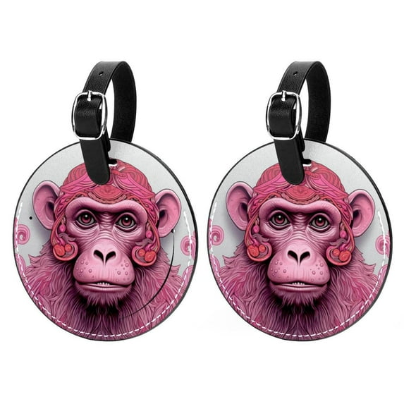 Pink Monkey Gorilla 2Pcs PU Leather Round Luggage Tags with Privacy Cover and Name ID Tag for Suitcase, Handbags, Backpacks, School Bags