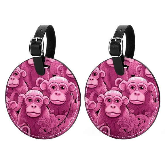 Pink Monkey Gorilla 2Pcs PU Leather Round Luggage Tags with Privacy Cover and Name ID Tag for Suitcase, Handbags, Backpacks, School Bags