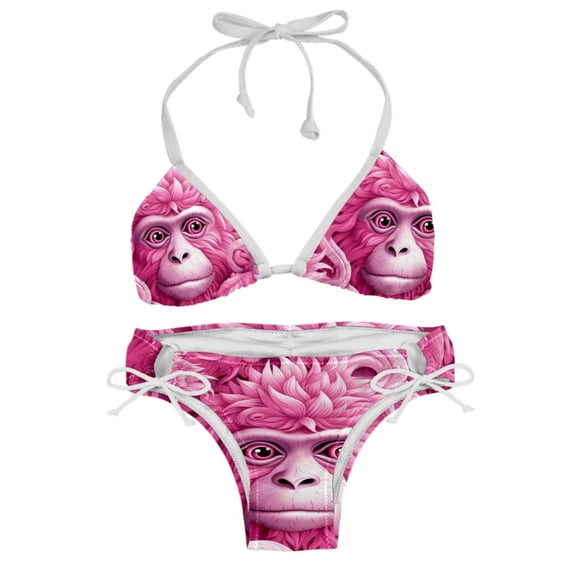 Pink Monkey Gorilla Bikini Set Swim Suit Detachable Sponge Adjustable Strap Two-Pack, Beach Pool Vacation Party.