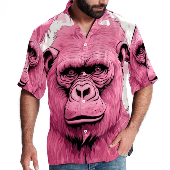 Pink Monkey Gorilla Men's Short Sleeve Poplin Button Down Hawaiian Printed Summer Beach Shirt, Unisex