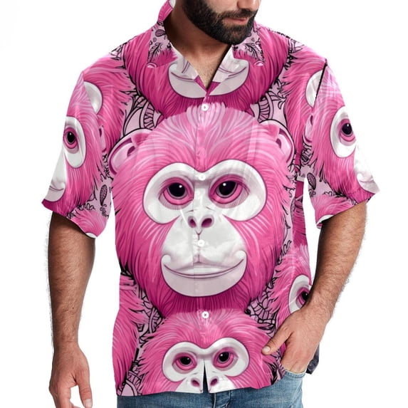 Pink Monkey Gorilla Men's Short Sleeve Poplin Shirt, Button Down Casual Summer Beach Printed Unisex Shirt