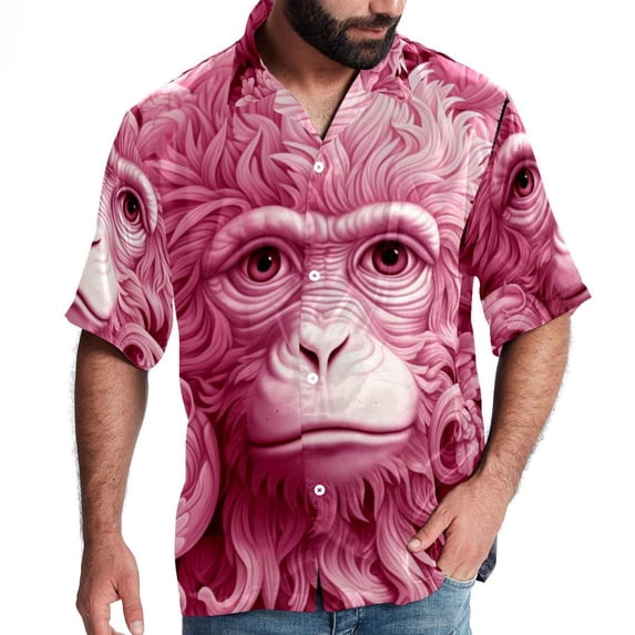 Pink Monkey Gorilla Men's Short Sleeve Poplin Shirt - Casual Printed Button Down Short Summer Beach Shirts Unisex940