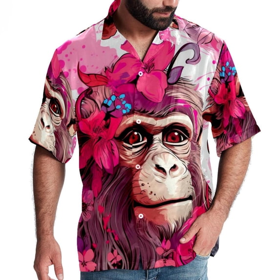 Pink Monkey Gorilla Men's Spread Collar Poplin Beach Shirts - Casual Printed Button Down Short Sleeve Summer Tops for Unisex