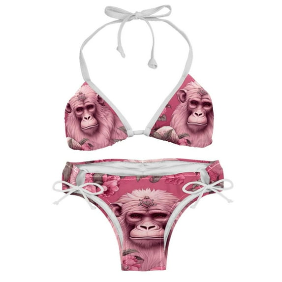 Pink Monkey Gorilla One-Piece Swimsuit Bikini Set, Detachable Sponge, Adjustable Strap, Two-Pack, Beach Vacation Wear