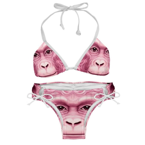 Pink Monkey Gorilla Swim Suit Women Bikini Set, Detachable Sponge, Adjustable Strap, Two-Pack - Beach, Pool, Vacation